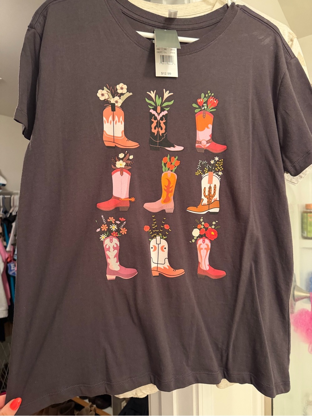 Women’s Short Sleeve Graphic Tee - Dark Gray Cowboy Boot Floral Print